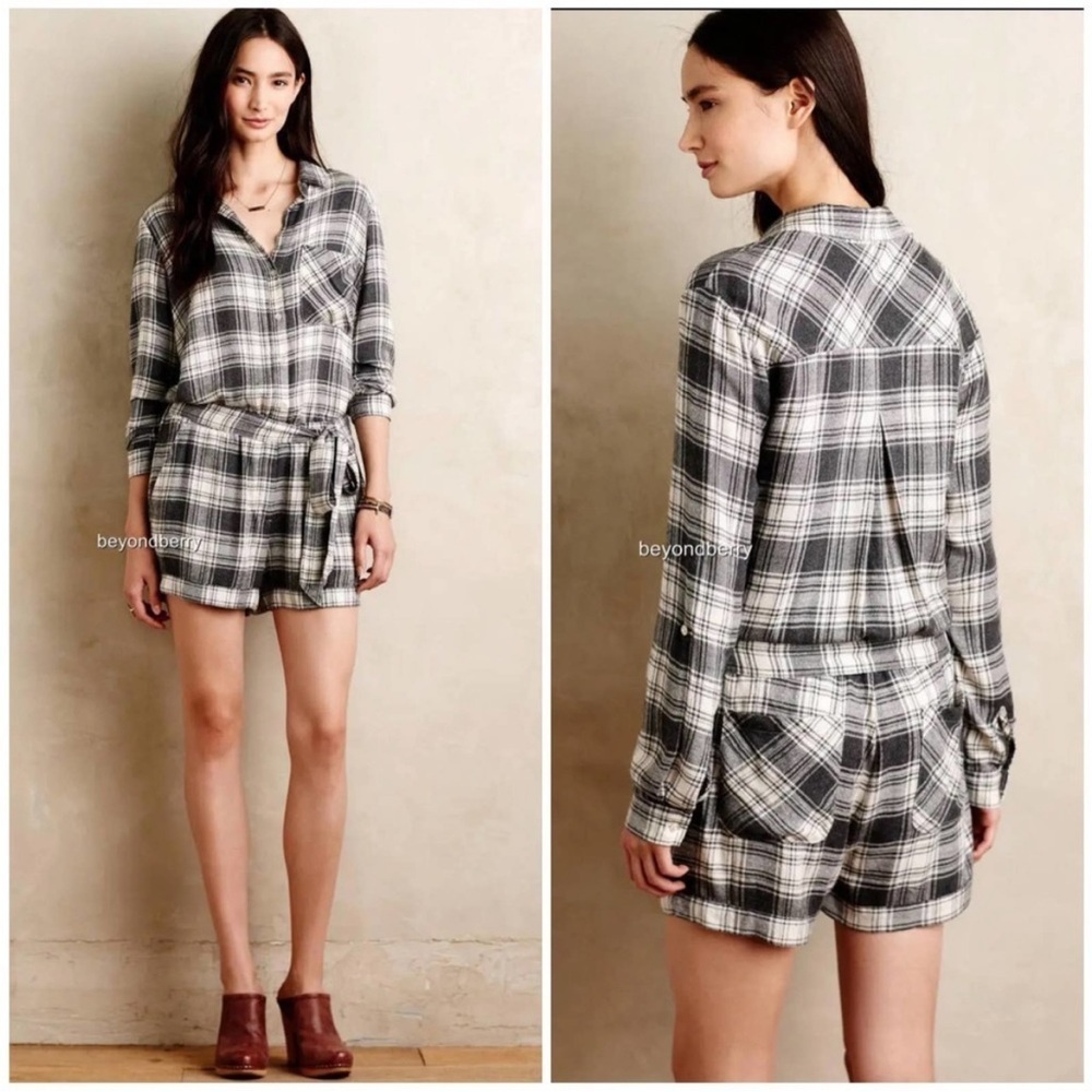 cloth & stone Anthropologie Plaid Belt Tie Short Romper‎